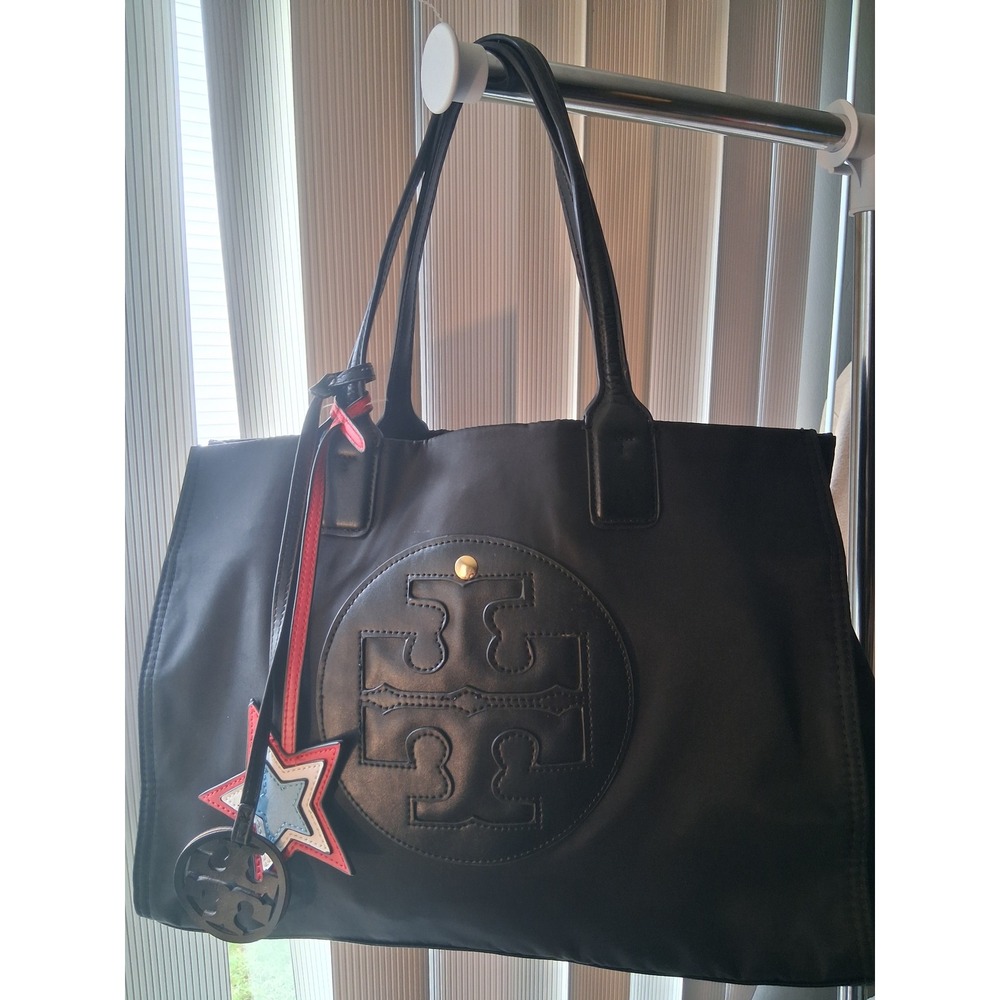 Tory Burch Ella Tote Bag Black Nylon Leather Trim Shoulder Bag Logo Large